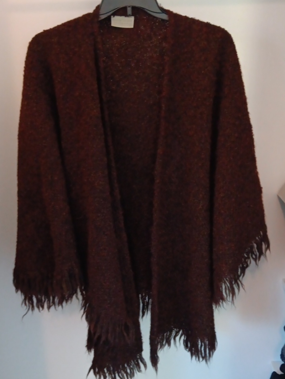 Open-Front Fringe Wool Cape Cardigan in Deep Brown "Handcrafted In Ireland"